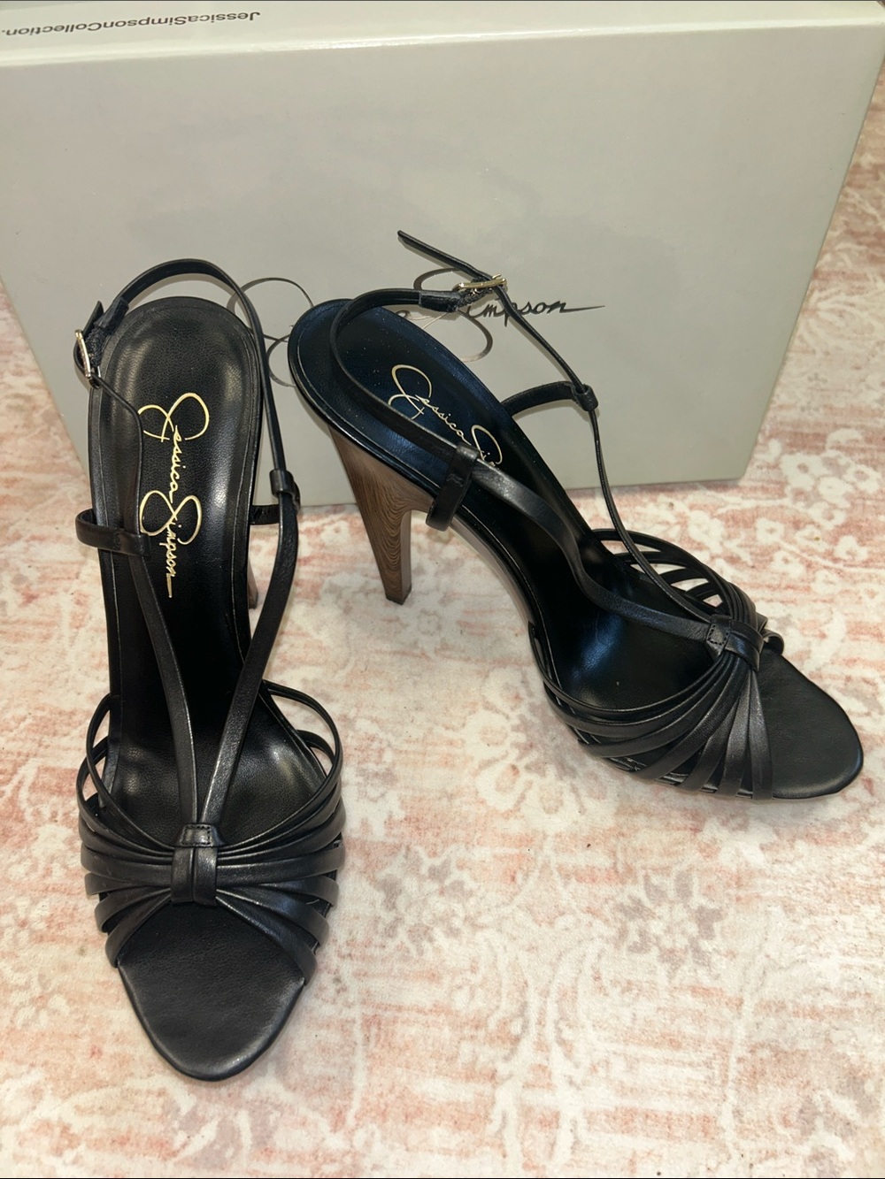NIB Jessica Simpson Black Strappy Knotted T‑Bar Stiletto Sandals